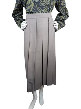 Vintage Elio Soranti Taupe Wool Pleated Midi Skirt 14 Preppy Academia